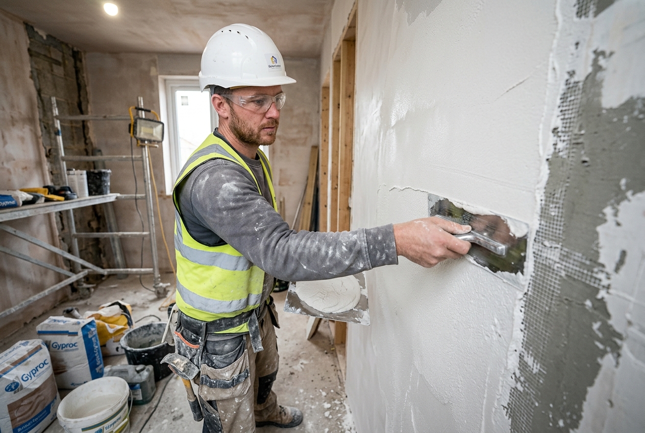 Worker applying plaster to interior wall