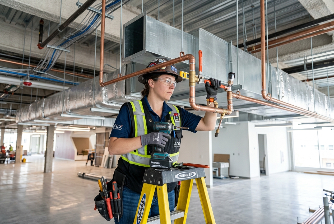 HVAC installer working in building interior